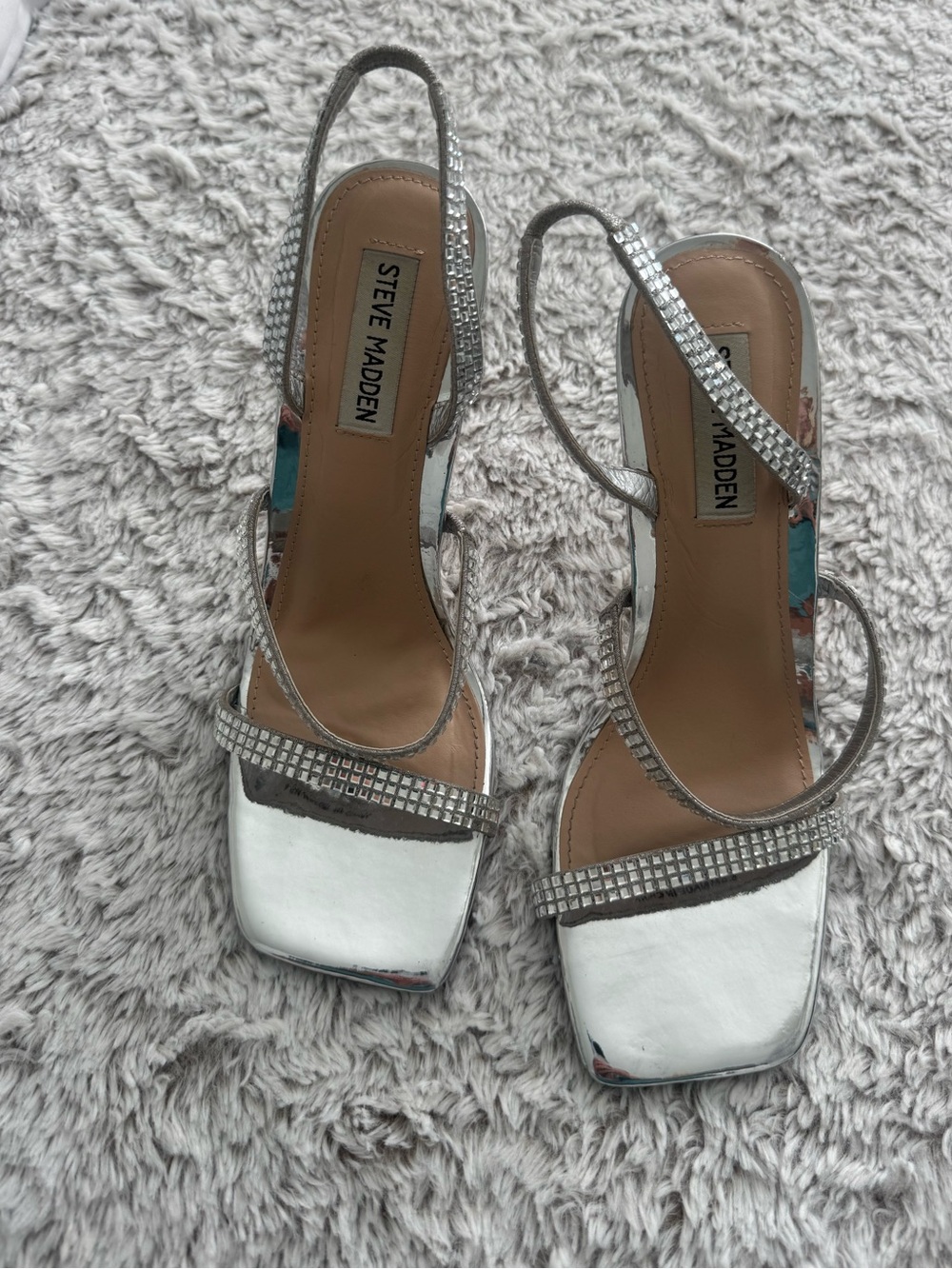 Steve Madden Silver Rhinestone Strappy Slingback Heels